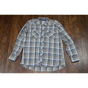 Men's Wrangler Pearl Snap Plaid Button Up Large Long Sleeve Blue and Brown